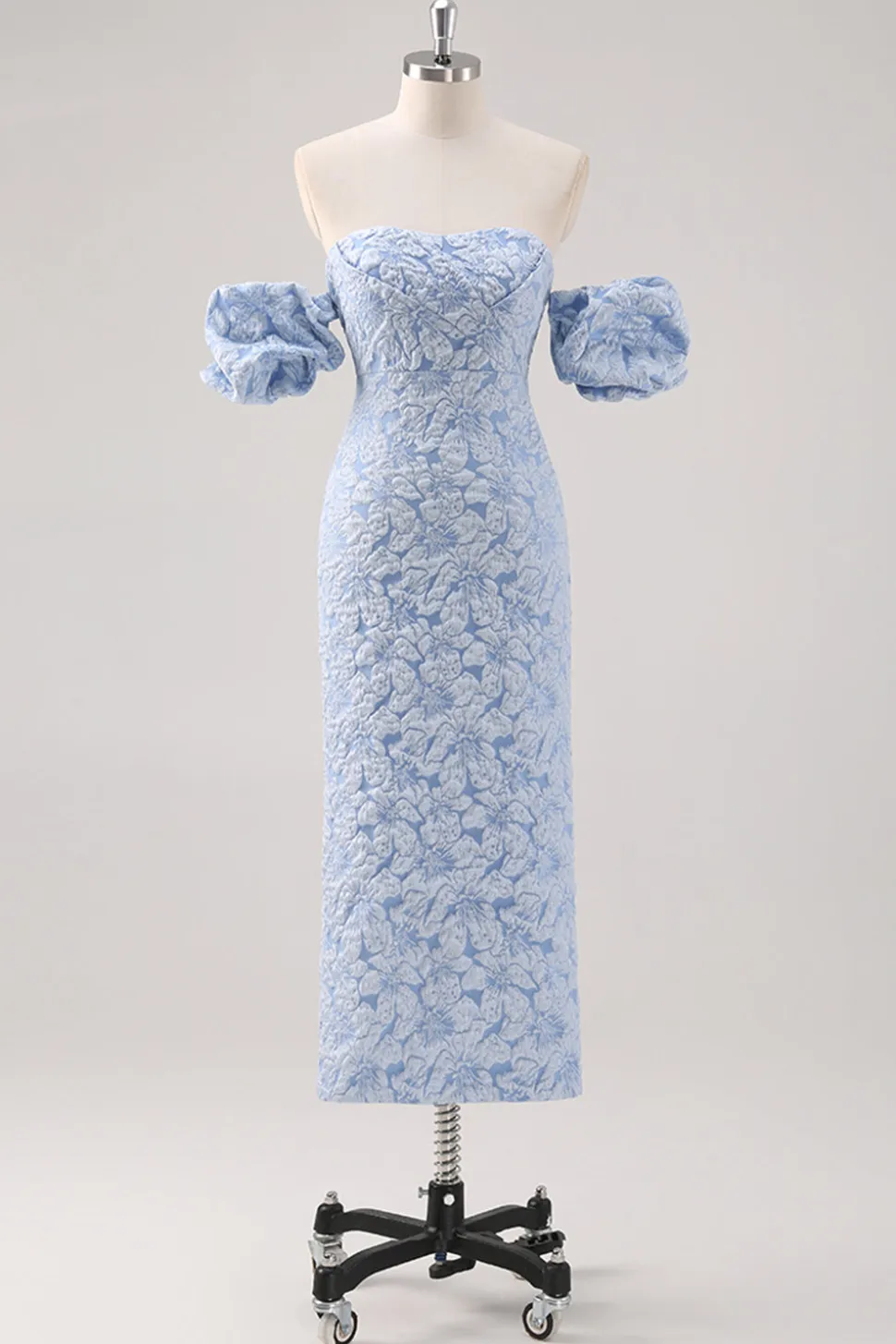 Vestido formal azul floral comprimento do chá com mangas puff