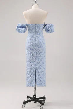 Vestido formal azul floral comprimento do chá com mangas puff