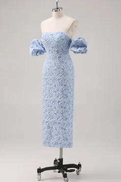 Vestido formal azul floral comprimento do chá com mangas puff