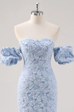 Vestido formal azul floral comprimento do chá com mangas puff