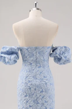 Vestido formal azul floral comprimento do chá com mangas puff