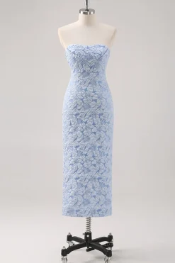 Vestido formal azul floral comprimento do chá com mangas puff