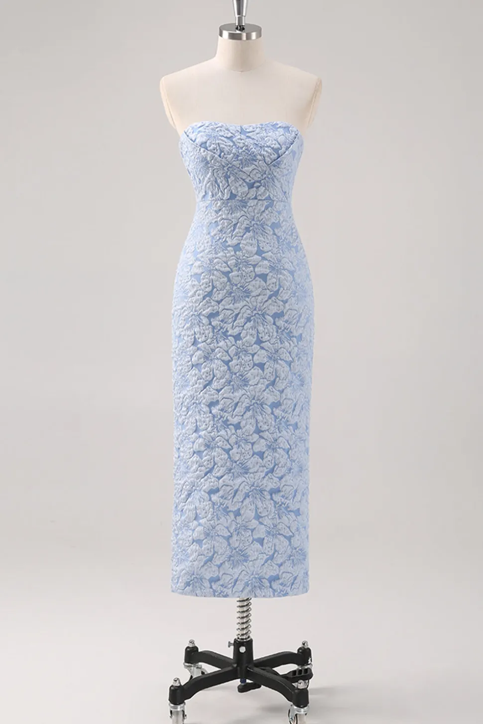 Vestido formal azul floral comprimento do chá com mangas puff