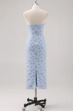 Vestido formal azul floral comprimento do chá com mangas puff