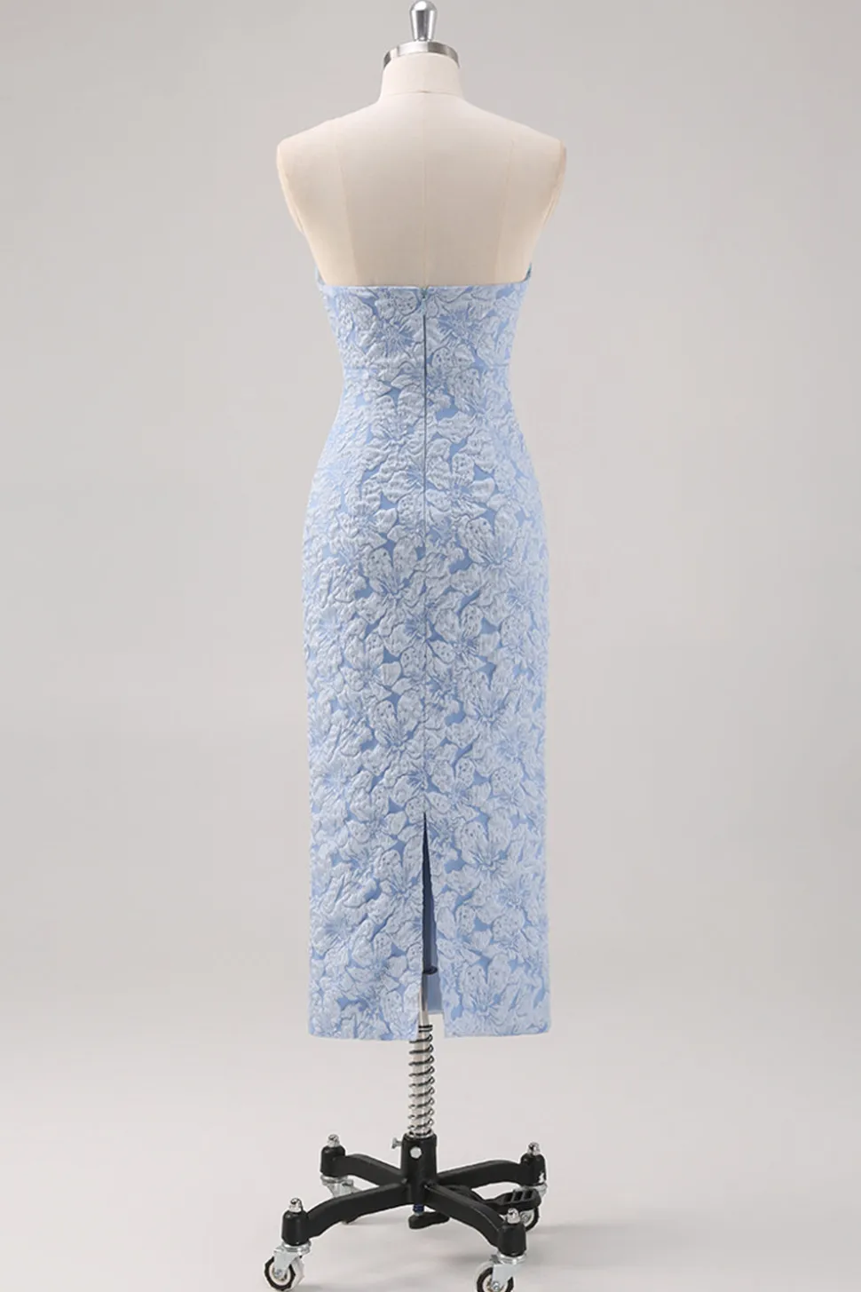 Vestido formal azul floral comprimento do chá com mangas puff