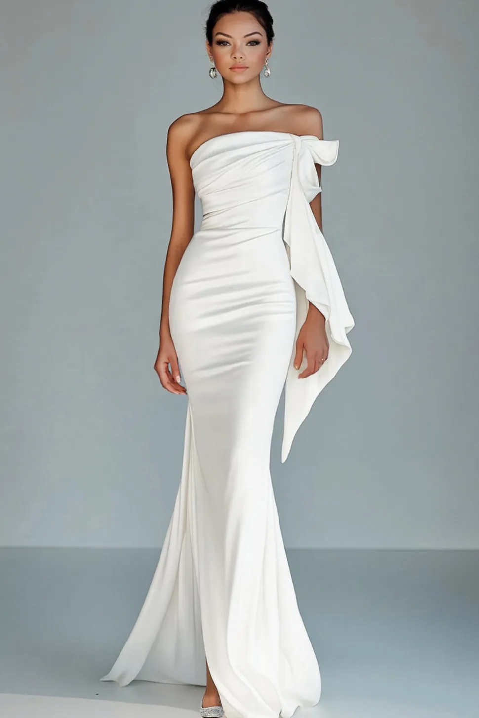 Vestido formal branco sem alças sereia babado