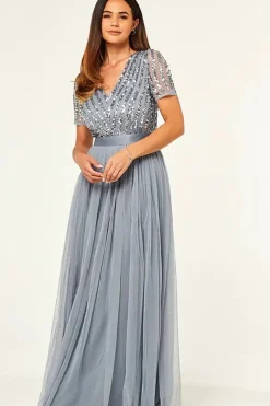Vestido formal cinza brilhante V-neck com mangas curtas