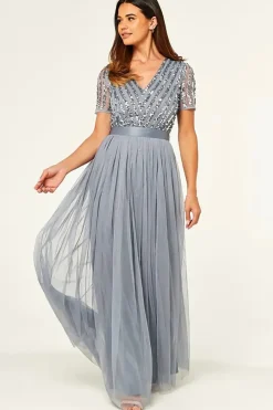 Vestido formal cinza brilhante V-neck com mangas curtas