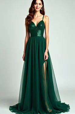 Vestido formal de alças de espaguete de tule verde escuro com lantejoulas