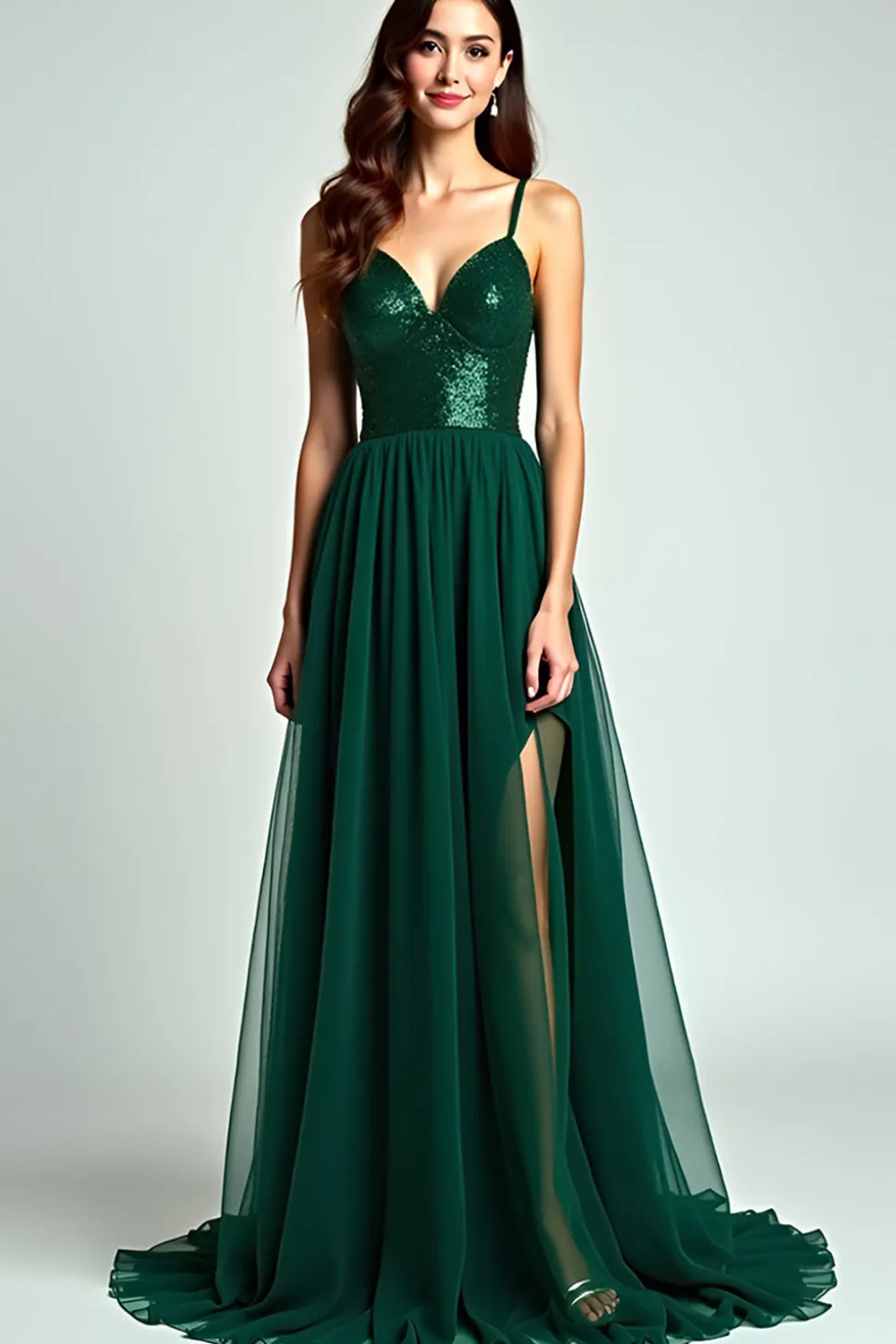 Vestido formal de alças de espaguete de tule verde escuro com lantejoulas