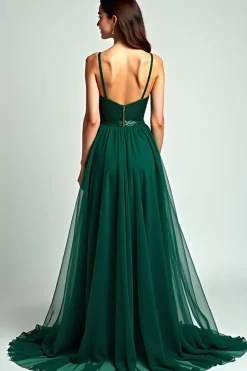Vestido formal de alças de espaguete de tule verde escuro com lantejoulas