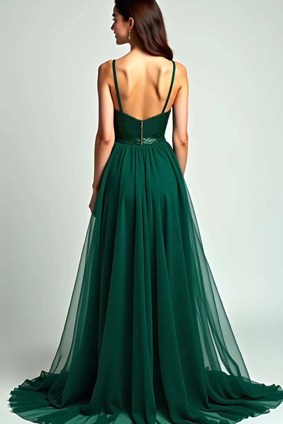 Vestido formal de alças de espaguete de tule verde escuro com lantejoulas