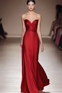 Vestido formal de cetim plissado vermelho sem alças com fenda
