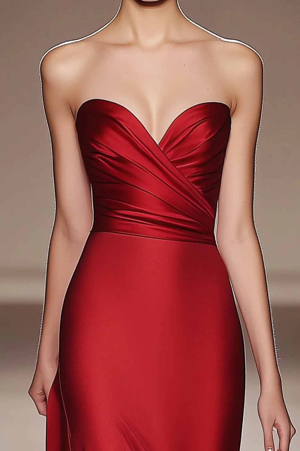 Vestido formal de cetim plissado vermelho sem alças com fenda