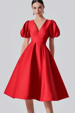 Vestido formal de cetim vermelho A Line com mangas puff