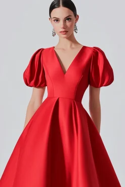 Vestido formal de cetim vermelho A Line com mangas puff
