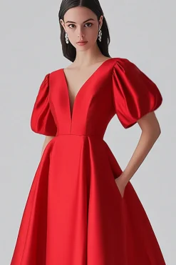 Vestido formal de cetim vermelho A Line com mangas puff
