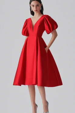 Vestido formal de cetim vermelho A Line com mangas puff