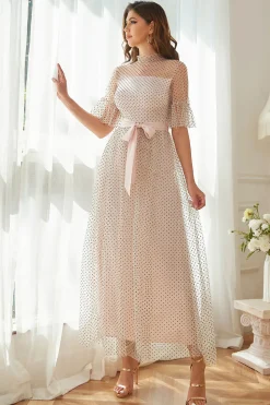 Vestido formal de festa de Polka Dots Cor-de-Rosa com Mangas