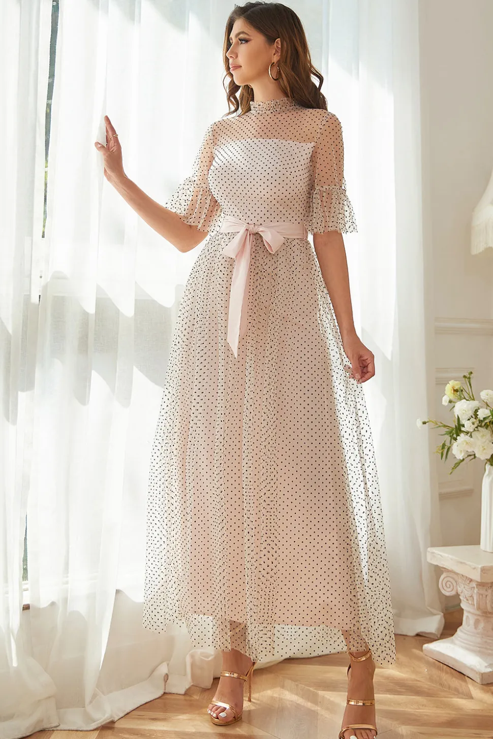 Vestido formal de festa de Polka Dots Cor-de-Rosa com Mangas
