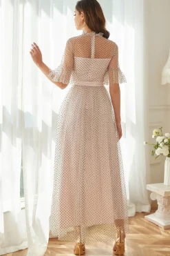 Vestido formal de festa de Polka Dots Cor-de-Rosa com Mangas
