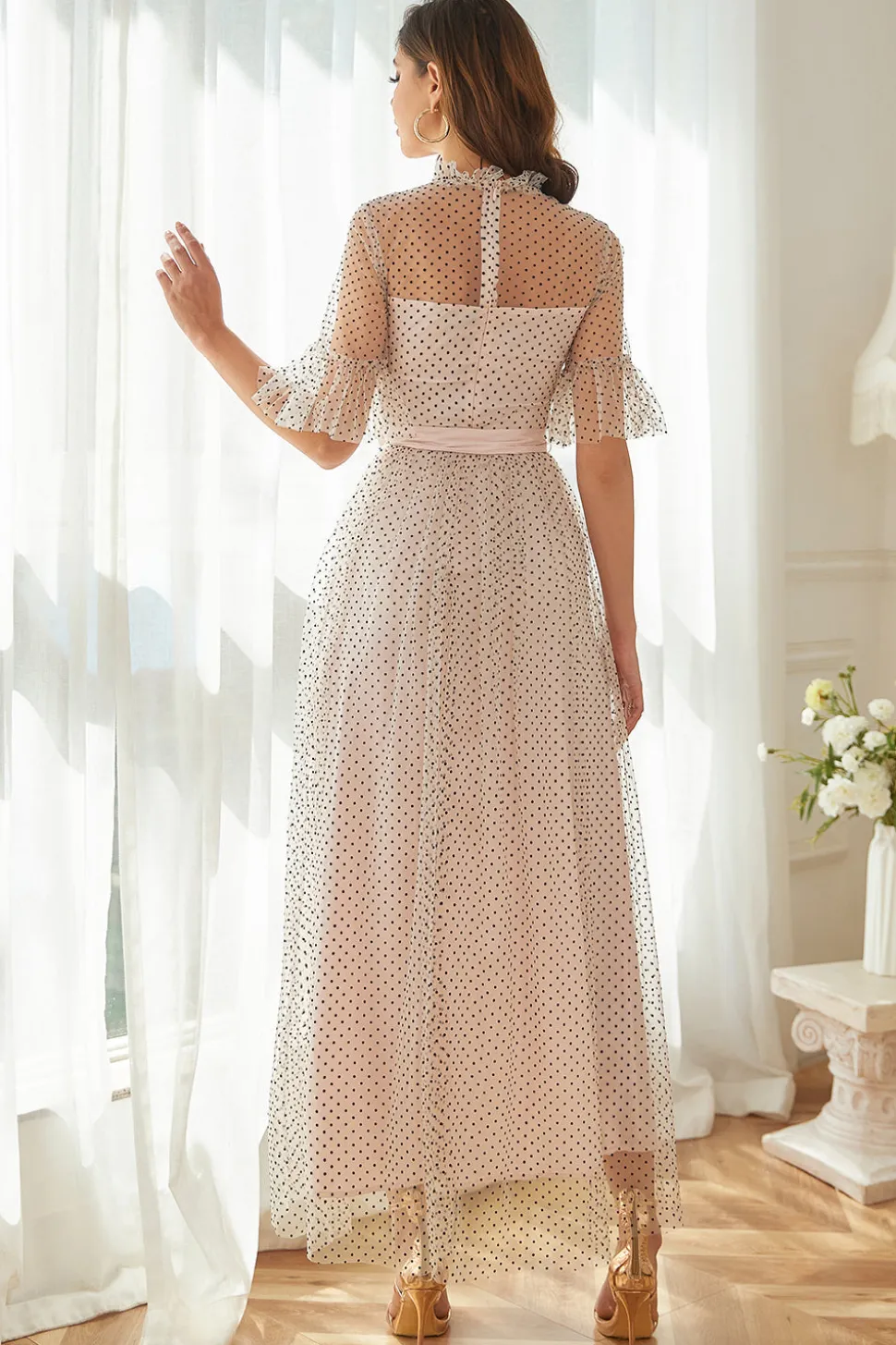 Vestido formal de festa de Polka Dots Cor-de-Rosa com Mangas