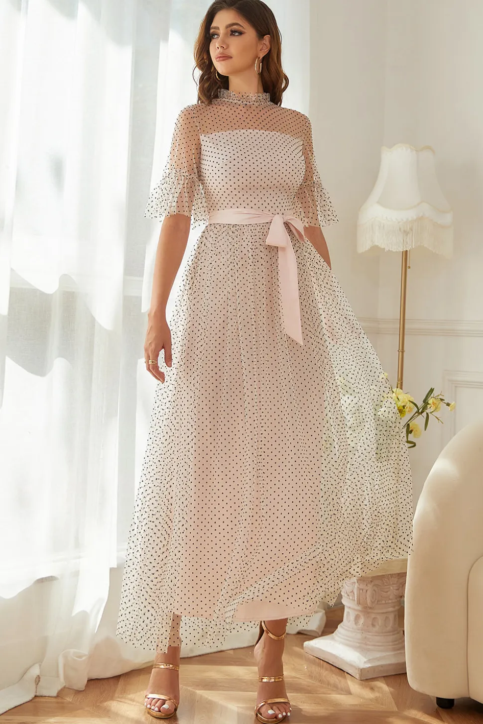 Vestido formal de festa de Polka Dots Cor-de-Rosa com Mangas