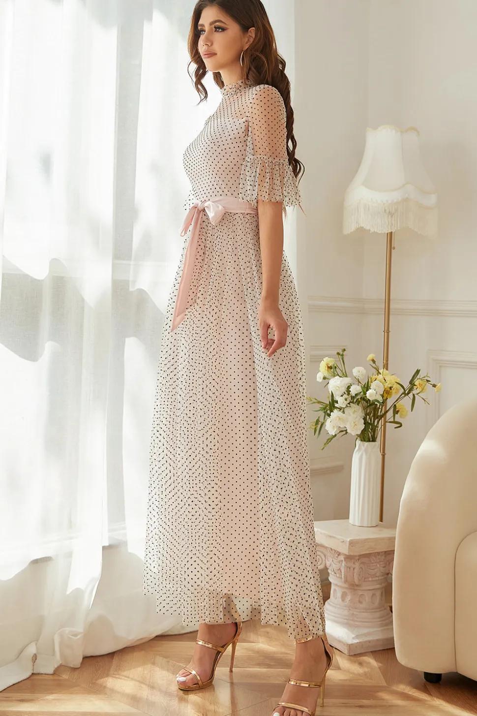 Vestido formal de festa de Polka Dots Cor-de-Rosa com Mangas