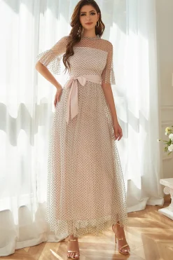 Vestido formal de festa de Polka Dots Cor-de-Rosa com Mangas