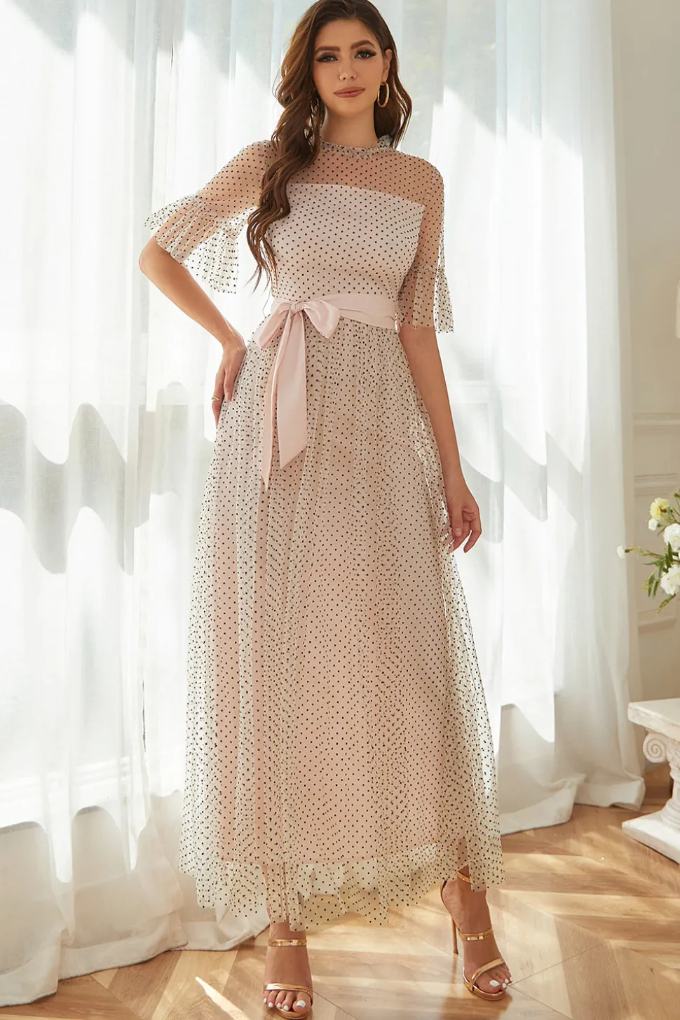 Vestido formal de festa de Polka Dots Cor-de-Rosa com Mangas