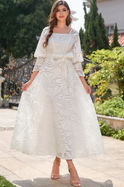 Vestido formal de festa de pescoço quadrado branco