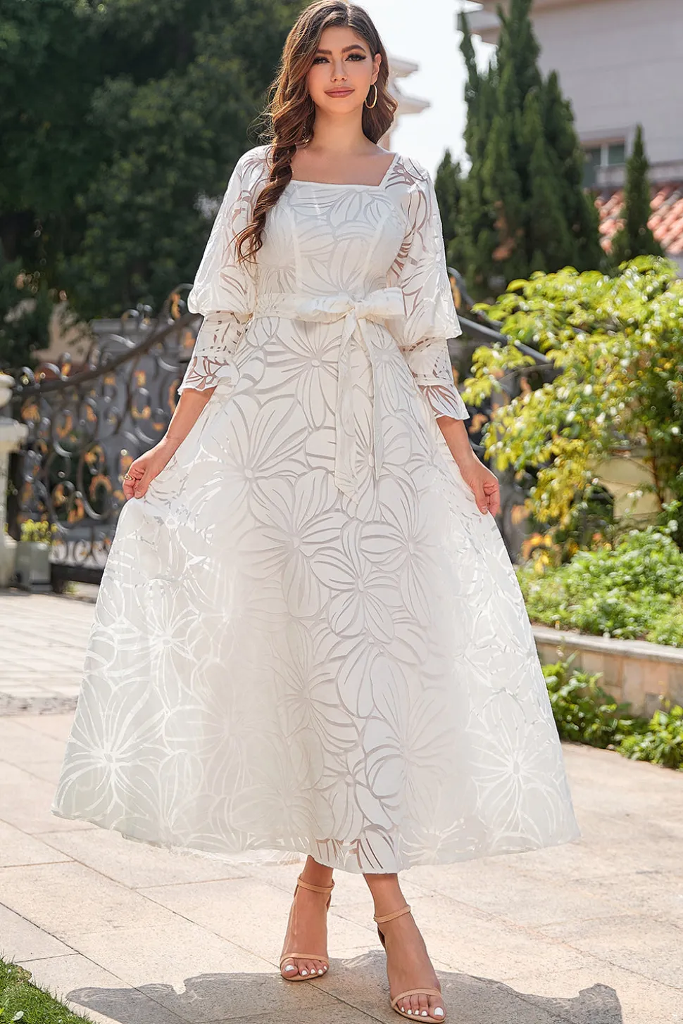 Vestido formal de festa de pescoço quadrado branco