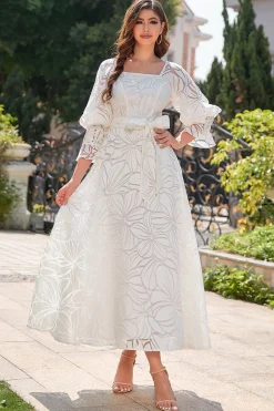 Vestido formal de festa de pescoço quadrado branco