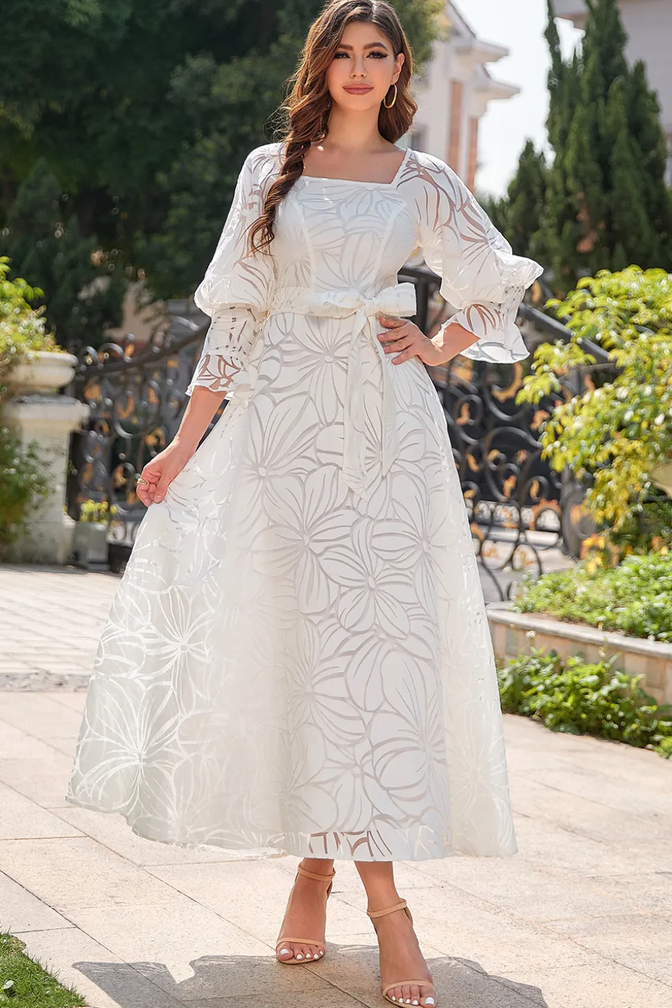 Vestido formal de festa de pescoço quadrado branco