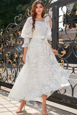 Vestido formal de festa de pescoço quadrado branco