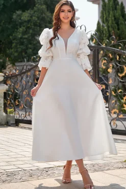 Vestido formal de mangas brancas de puff longo