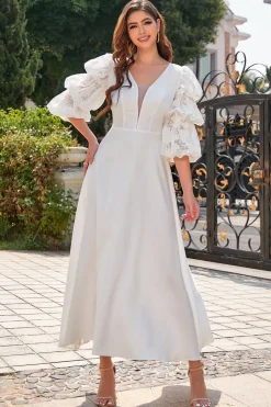 Vestido formal de mangas brancas de puff longo