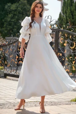 Vestido formal de mangas brancas de puff longo