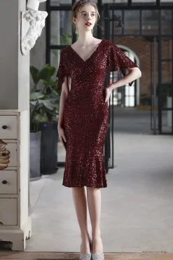 Vestido formal de sequin Borgonha Midi