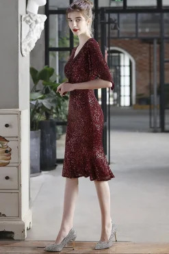 Vestido formal de sequin Borgonha Midi