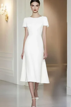Vestido Formal Fit White Short Sleeves Straight Pencil Midi Formal