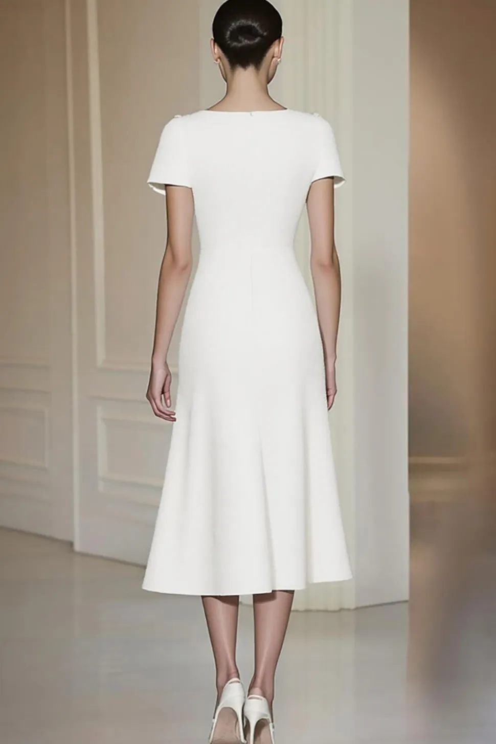 Vestido Formal Fit White Short Sleeves Straight Pencil Midi Formal