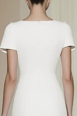 Vestido Formal Fit White Short Sleeves Straight Pencil Midi Formal