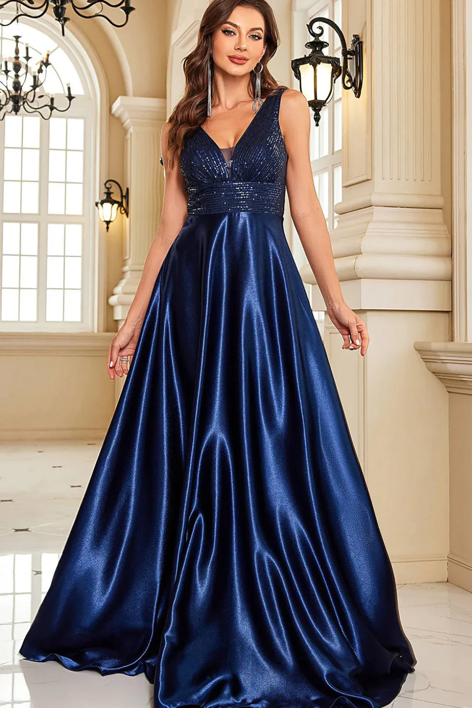 Vestido formal Navy Satin A-Line com Sequins