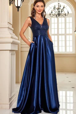 Vestido formal Navy Satin A-Line com Sequins