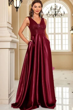 Vestido formal Navy Satin A-Line com Sequins
