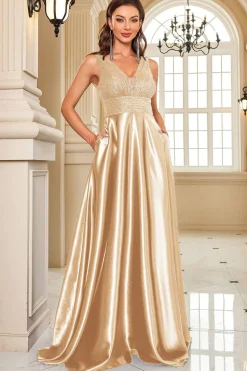 Vestido formal Navy Satin A-Line com Sequins