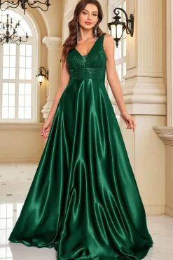 Vestido formal Navy Satin A-Line com Sequins