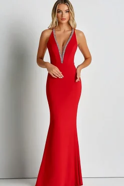 Vestido Formal Red Matte Satin Deep V-Neck Bainha