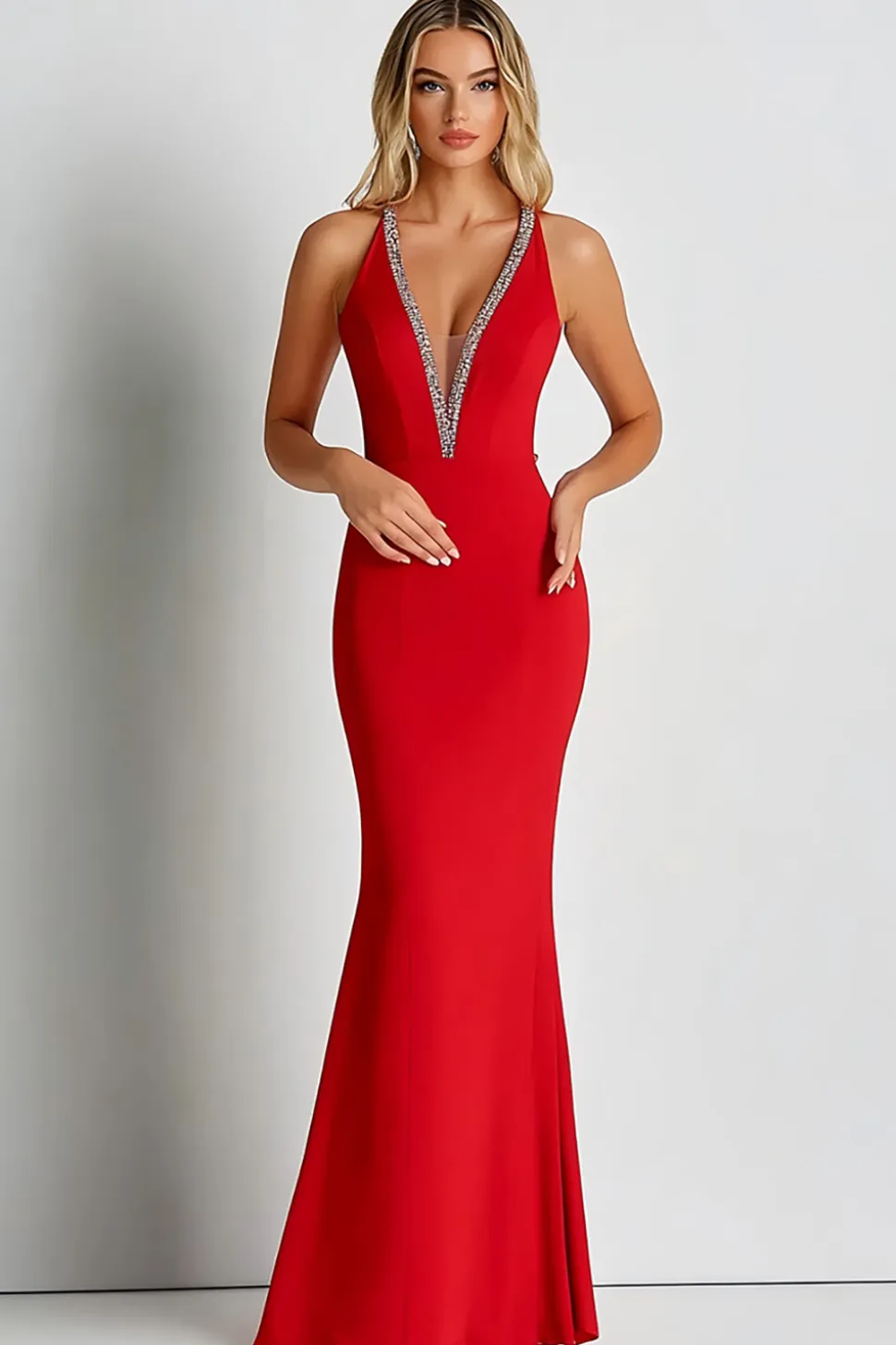 Vestido Formal Red Matte Satin Deep V-Neck Bainha